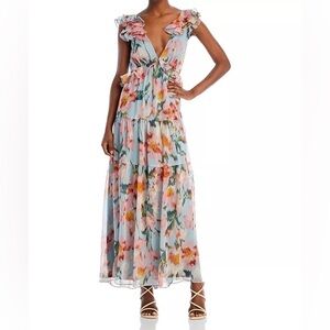 Aqua Pink and Blue Floral Maxi Dress